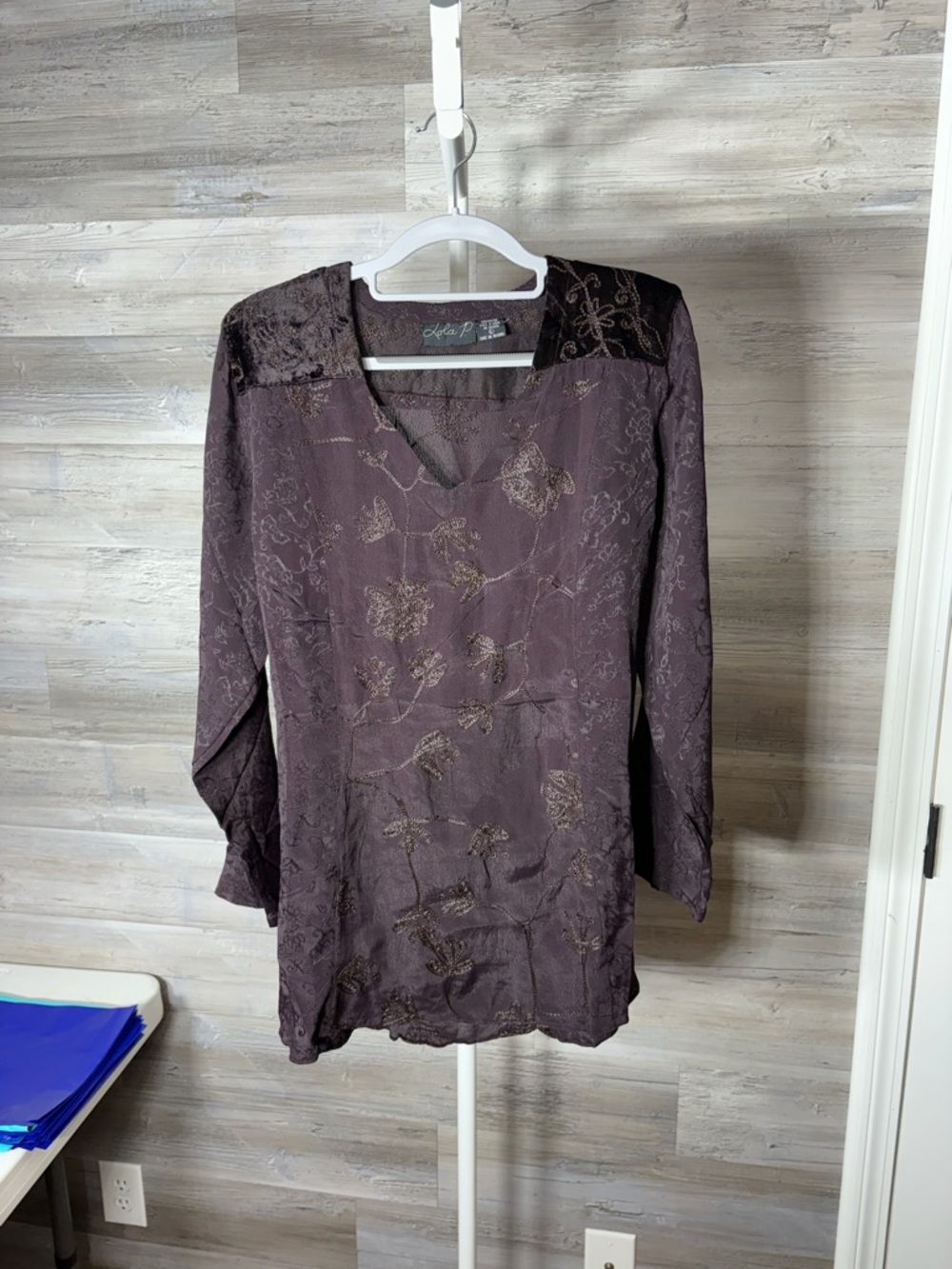 Embroidered Plum V-Neck Blouse with Metallic Accents 1589